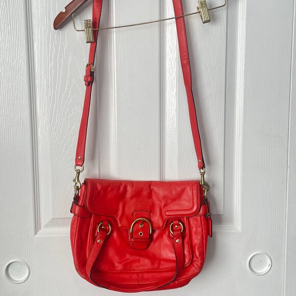 Coach Hot Orange Gold Hardware Crossbody Bag Campbell Leather Small Flap Satchel - Picture 1 of 6